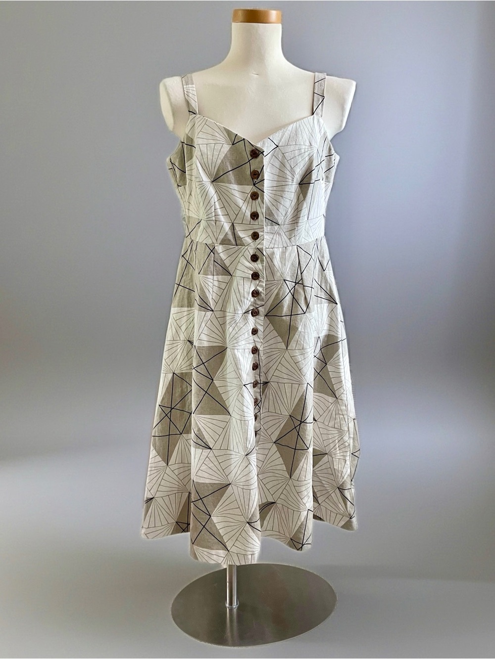Geometric-Print Midi Sundress in Beige and White CottonCanvas/Linen blend 8-10